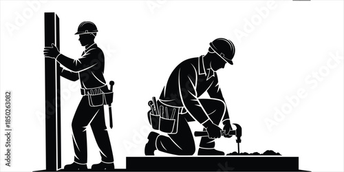Construction Workers with Tools Hammer and Level Silhouette Illustration vector