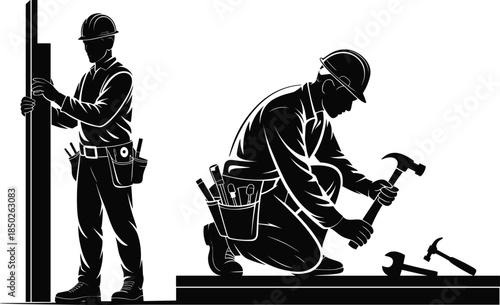 Construction Workers with Hammer Wrench and Level Silhouette Illustration vector