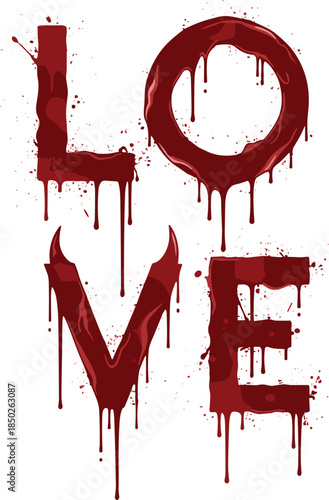 Spooky Red Dripping Blood Typography Spelling Love with Devil Horns Design Isolated on White Background for Halloween Horror Theme Vector