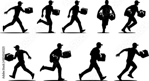 Silhouettes of delivery men running with boxes in various poses and directions