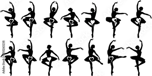 set of ballerinas in various dance poses with heart shapes on tutus