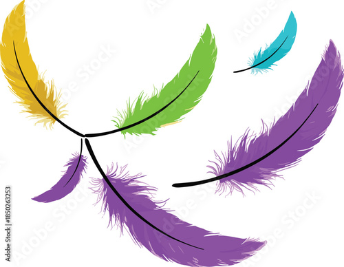 Colorful Abstract Vector Illustration of Floating Soft Bird Feathers in Purple Yellow and Green Isolated on White Background for Design