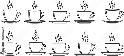 set of steaming hot coffee cups on saucers in different line art styles