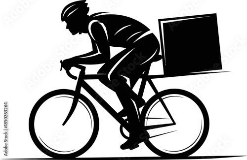 Man riding bicycle with package on back rack in city