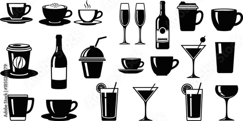 black silhouettes of various drinks and wine glasses on white background