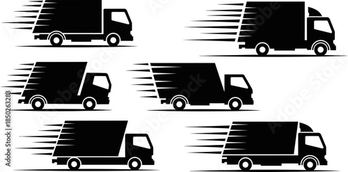 Black silhouettes of delivery trucks in motion on white background