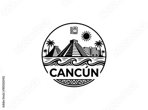 Cancun city of Mexico skyline emblem with landmarks
