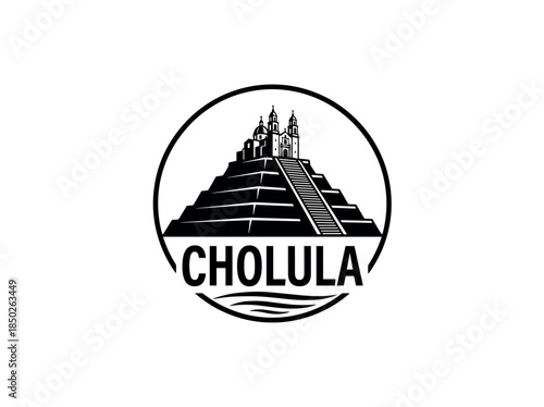 Cholula city of Mexico skyline emblem with landmarks