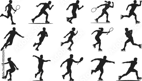 Dynamic Silhouettes of Athletes Playing Tennis and Ice Skating sport sports