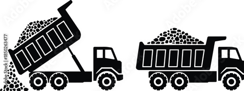 Dump Trucks Silhouettes One Unloading Rocks and One Loaded Keywords: dump truck, construction, vehicle, heavy equipment