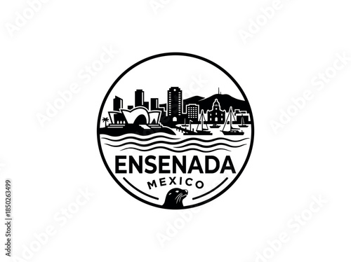Ensenada city of Mexico skyline emblem with landmarks