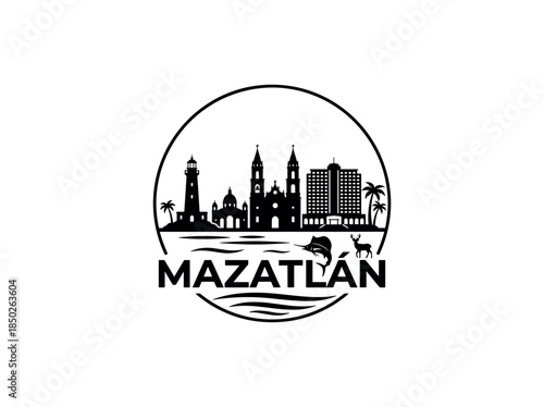 Mazatlan city of Mexico skyline emblem with landmarks