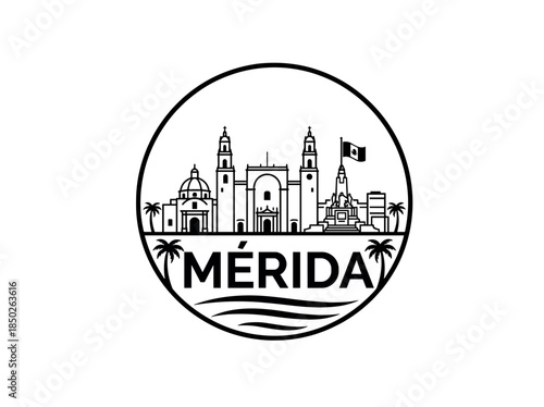 Merida city of Mexico skyline emblem with landmarks
