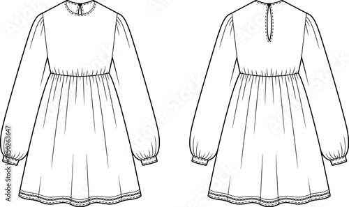 Fashion flat sketch of a long sleeve smocked waist dress front and back views drawing illustration