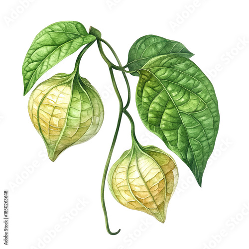 Vibrant ground cherries with lush green leaves on black background
