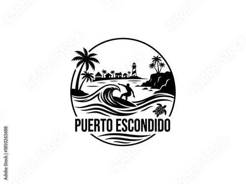 Puerto Escondido city of Mexico skyline emblem with landmarks
