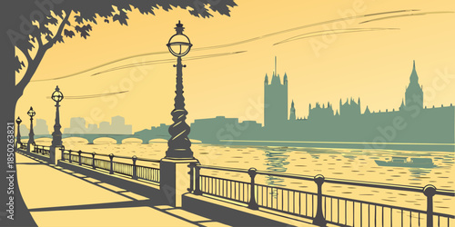 London Riverside Promenade Vector – Vintage Street Lamps, Tree Shadows, and Big Ben Silhouette in Nostalgic Style