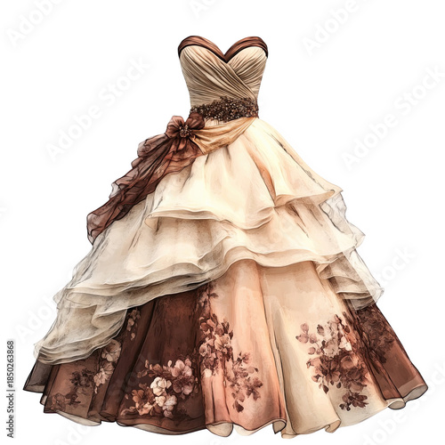 Stunning multi-tiered ball gown with floral designs and bow