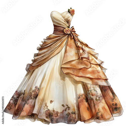 Elegant floral ball gown with ruffles and roses in warm beige tones