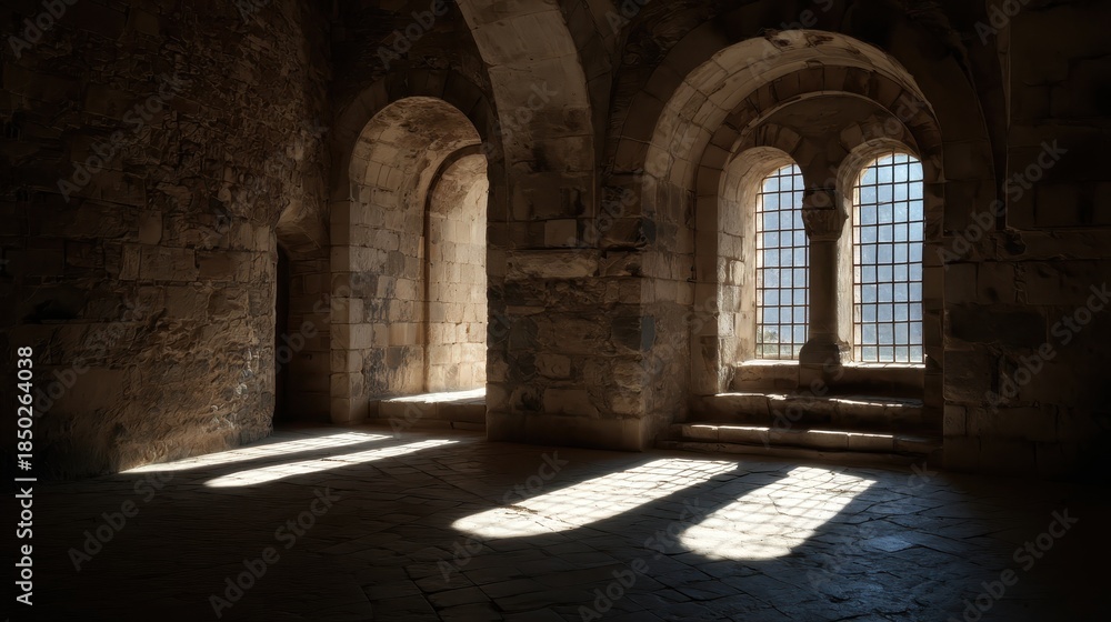 Fototapeta premium Sunlit arched windows cast dramatic shadows inside an empty ancient room, evoking history, silence, and timeless architecture. 