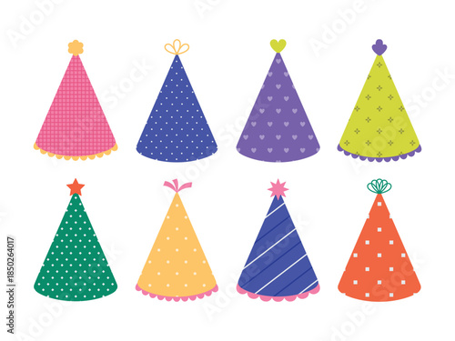 Cute children's party accessories vector set. Adorable cone hats with toppers for birthday, New Year and carnival events