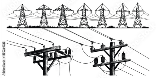 Illustration of Overhead Power Lines and Electricity Transmission Towers Keywords: electricity, power line, transmission tower