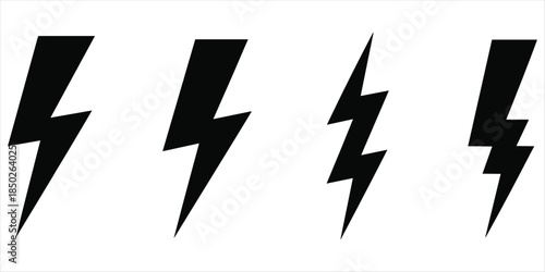Four Black Lightning Bolt Icons on White Background Keywords: lightning bolt, thunderbolt, electricity, power, energy, symbol
