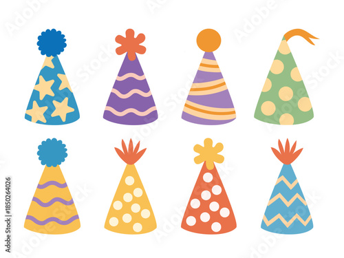 Festive holiday headwear set isolated on white. Decorative paper hats for birthday, carnival and New Year party costume