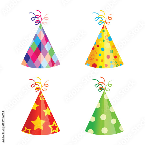 Glossy party hats vector set with curly ribbons. Colorful cone caps for New Year, birthday and carnival celebration