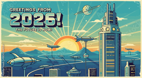 Retrofuturistic postcard from 2026 with a futuristic city skyline and flying vehicles.