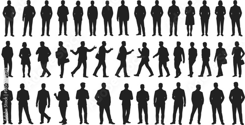 Large Collection Of Business People Silhouettes In Different Poses And Attire vector illustration