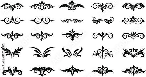 Ornamental Flourish Vector Set with Symmetrical Swirls and Leaf Motifs for Invitations, Borders, and Elegant Graphic Design