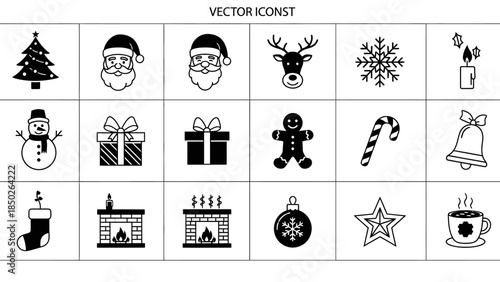 Versatile collection of line art Christmas and winter holiday vector icons, including popular festive elements such as Santa Claus, tree, gifts, and snow for seasonal graphic designs