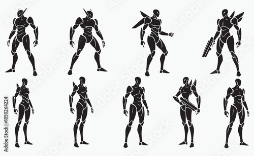 High-Tech Mecha Robot Silhouette Icon Set for Sci-Fi Games