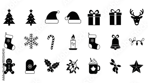 Collection of Christmas Icons Tree, Stocking, Gift, Snowflake, Candy Cane, Bell, Reindeer, Star, Mistletoe, Gingerbread Man, Mug, Candle, and Lights