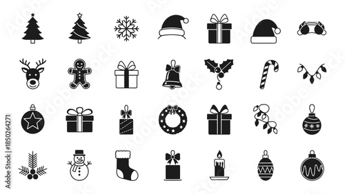 Collection of black and white Christmas icons and symbols, perfect for holiday designs and decorations