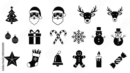 Collection of Festive Christmas Icons including Santa Claus, Snowman, Reindeer, Ornaments, Gifts, and More