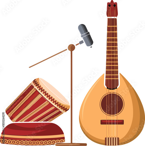 Musical instruments and microphone on white background
