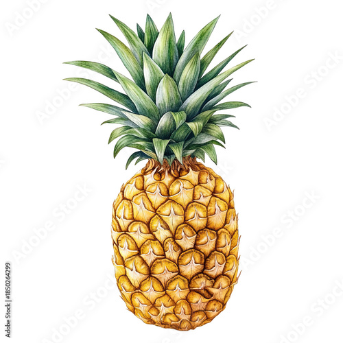 Vibrant pineapple with lush green leaves on black background
