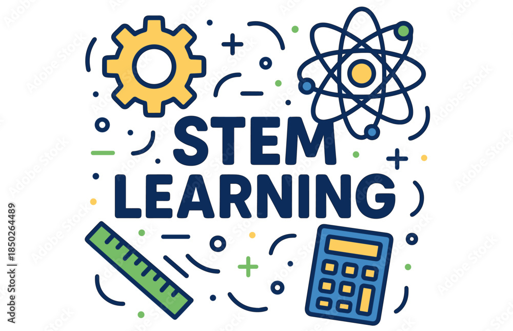 Fototapeta premium Stem learning design with scientific icons: gear, atom, ruler, calculator