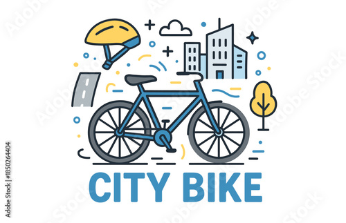 Urban bicycle design with helmet and cityscape background