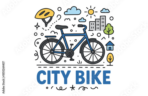 Urban bicycle design featuring helmet and cityscape elements