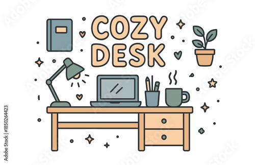 Cozy desk setup with laptop, lamp, and plant in pastel colors