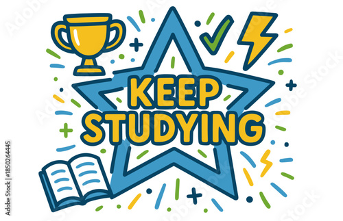 Motivational study design with trophy, book, and star accents