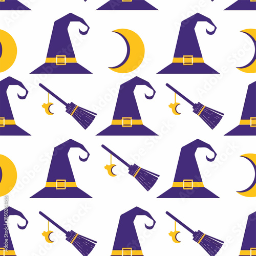 Halloween witch hat and broom pattern in purple and yellow colors  