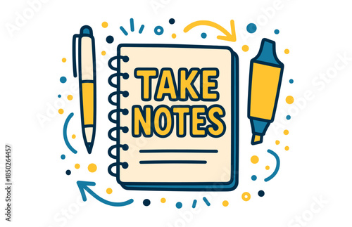 Notebook with take notes text and stationery illustrations on white background