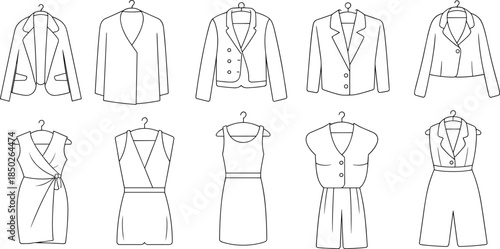 Outline Drawings of Women's Blazers and Dresses on Hangers Keywords: blazer, jacket, dress, fashion, outline, drawing, clothing