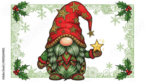 Cartoon gnome holding a star in festive attire with holly background  