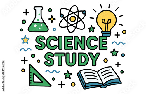 Science study with books, atom, flask, light bulb, and geometric tools