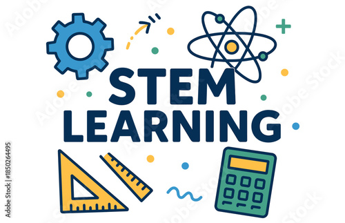 Stem learning concept with calculator, gear, and ruler graphics for education and innovation